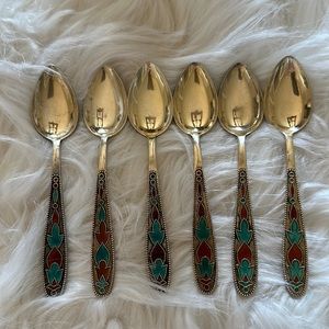 Set of 6 Russian Enamel Spoons Fine and Rare Soviet Silver Spoons